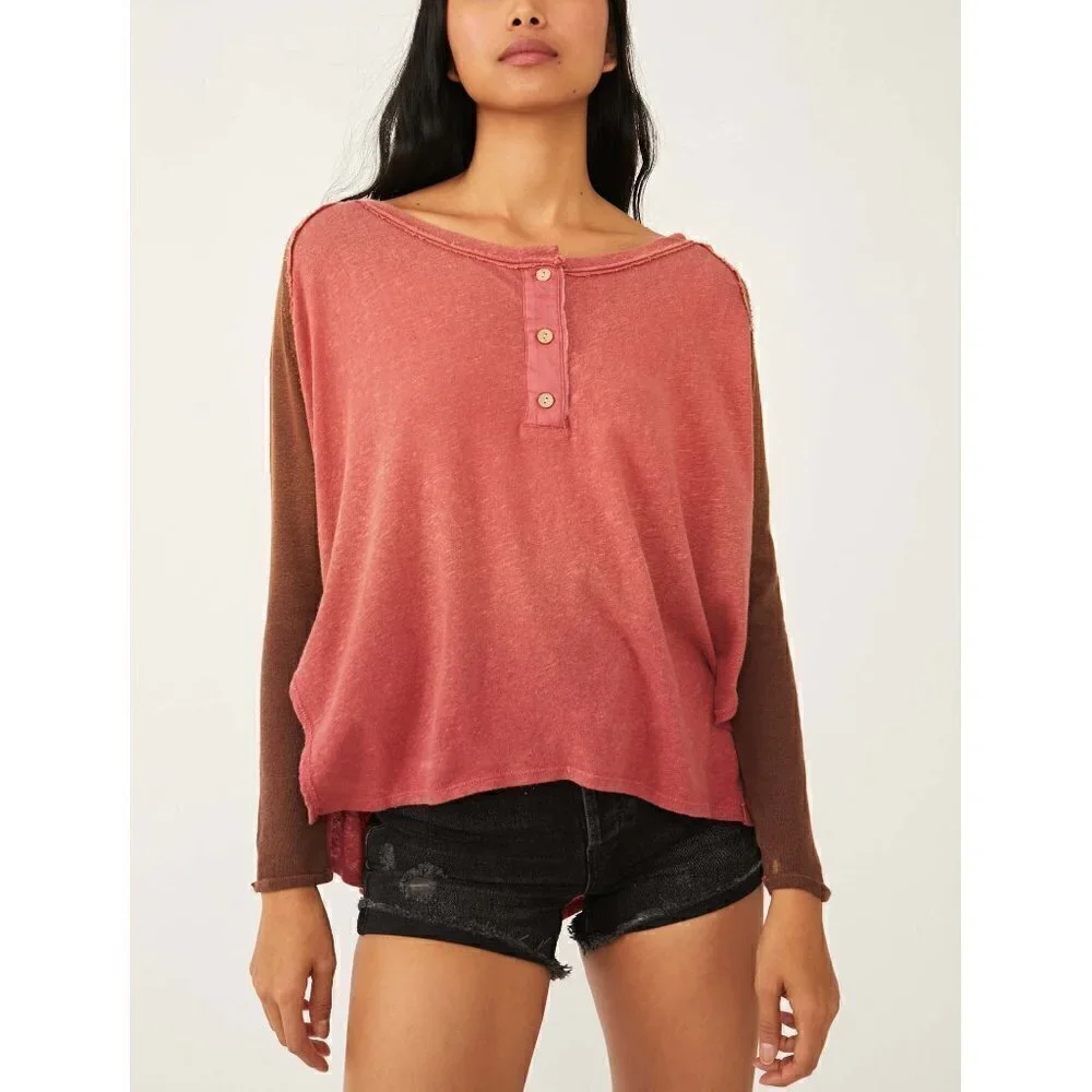 Free People Grand Slam 3/4 Tee / Red Clover Combo Tshirt Top NWOT S